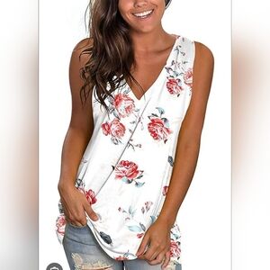 Haute Edition Floral Sleeveless Top - White and Red ; XXL